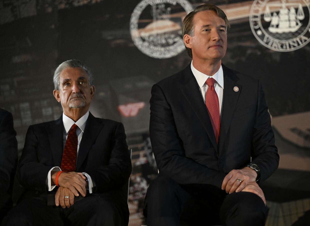 ALEXANDRIA,VA - DECEMBER 13 :   Washington Wizards and Capitals owner Ted Leonsis, left, seated next to Virginia Governor Glenn Youngkin at an event to announce the building of a new sports arena for Hockey and Basketball at the Potomac Yard area of Alexandria, VA on December 13, 2023. (Photo by John McDonnell/The Washington Post via Getty Images)