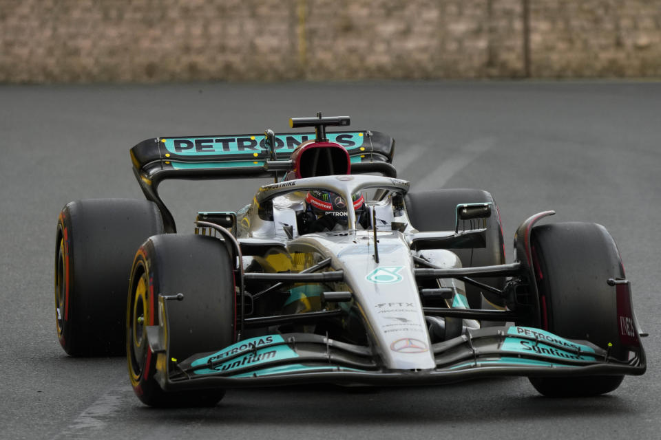 Mercedes driver George Russell of Britain steers his car during the qualifying session at the Baku circuit, in Baku, Azerbaijan, Saturday, June 11, 2022. The Formula One Grand Prix will be held on Sunday. (AP Photo/Sergei Grits)