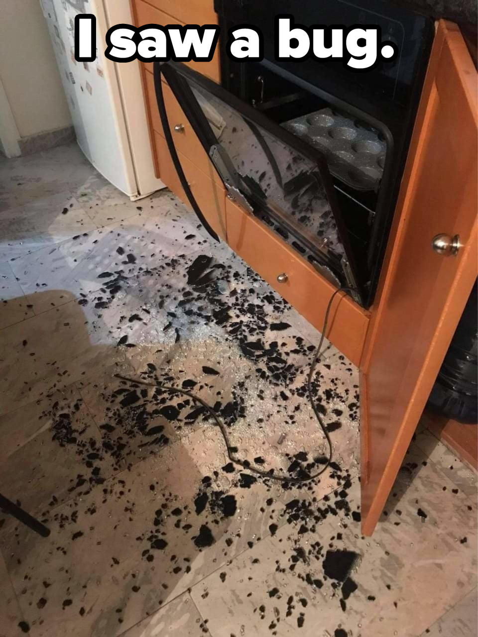 An oven door is open with shattered glass on the floor, indicating an accident in the kitchen