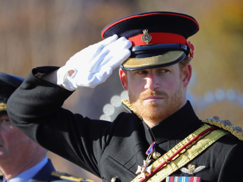 Prince Harry salutes as he attends The Armistice Day Service at The National Memorial Arboretum on November 11, 2016 in Stafford, England.