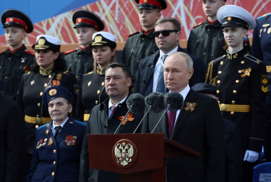 Russian President Vladimir Putin delivers his speech during the Victory Day military parade marking the 78th anniversary of the end of World War II in Red square in Moscow, Russia, Monday, May 9, 2022. (Gavriil Grigorov, Sputnik, Kremlin Pool Photo via AP)