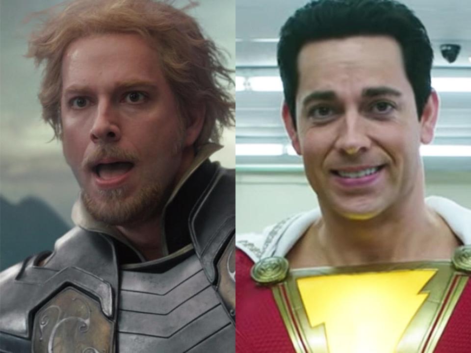 On the left: Zachary Levi as Fandral in "Thor: The Dark World." On the right: Levi as Shazam in "Shazam."