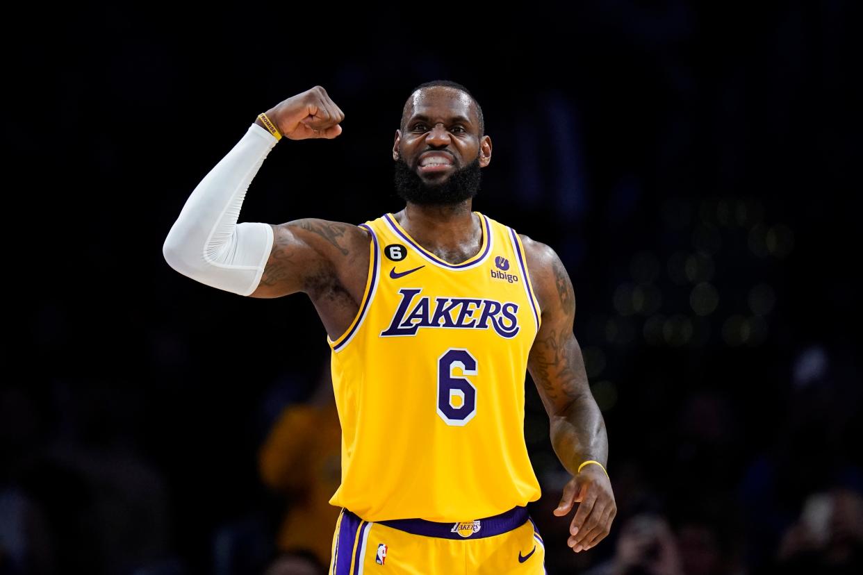 Los Angeles Lakers' LeBron James (6) flexes his arm during the second half of an NBA basketball game against the Houston Rockets Monday, Jan. 16, 2023, in Los Angeles. The Lakers won 140-132. (AP Photo/Jae C. Hong)