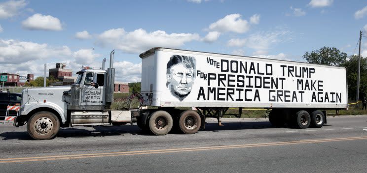 A truck with text supporting Republican presidential nominee Donald Trump drives around the Flint Water Treatment Plant while its driver waited for Trump to arrive. (Photo: Bill Pugliano/Getty Images)