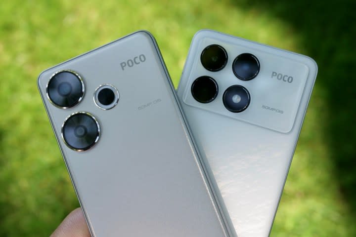 A person holding the Poco F6 and Poco F6 Pro.