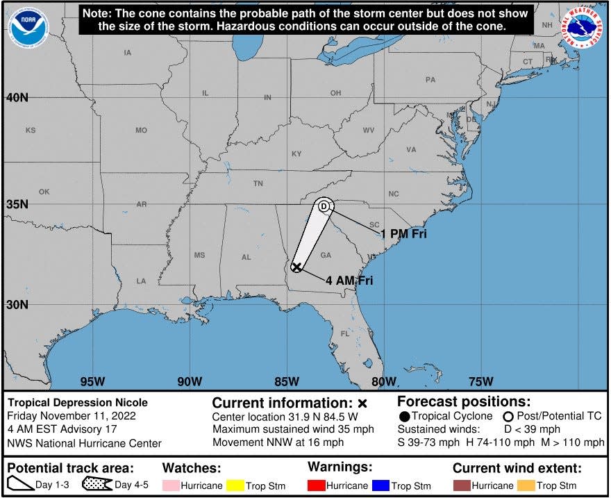 Around 6:30 a.m. Tropical Depression Nicole had moved into Southern Georgia. The center of the storm is expected to move over the northern Georgia and the western Carolinas later today, with the Cape Fear region seeing impacts in the form of isolated tornadoes, rain and gusty winds.