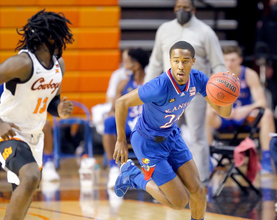 Kansas' Bryce Thompson (24) drives up court at Gallagher-Iba Arena  on Jan. 12 in a 75-70 loss to Oklahoma State.