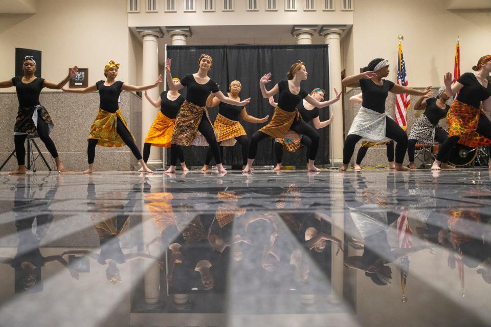 Dancers from Mona Lisa Lanier Dance Studio perform during a Black History Month event at city hall in downtown Jackson on Friday, February 24, 2023. 