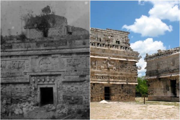 Fotos de los tres edificios que conforman Las Monjas. Del lado izquierdo, una foto de 1900 que pertenece a la Mediateca del INAH; del lado derecho una foto actual del sitio. (Fotos: Archivo INAH | Wikimedia Commons)