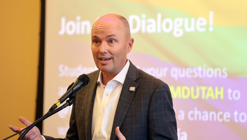 Gov. Spencer Cox speaks during a panel discussion about tolerance hosted by Cox and leaders of Tolerance Means Dialogues at the Utah Capitol in Salt Lake City on Monday, Oct. 30, 2023.