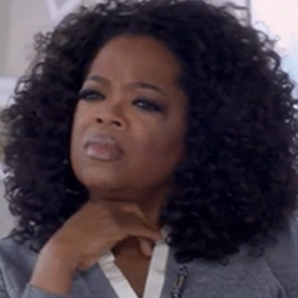 Oprah making a confused expression on one of her "OWN" TV programs