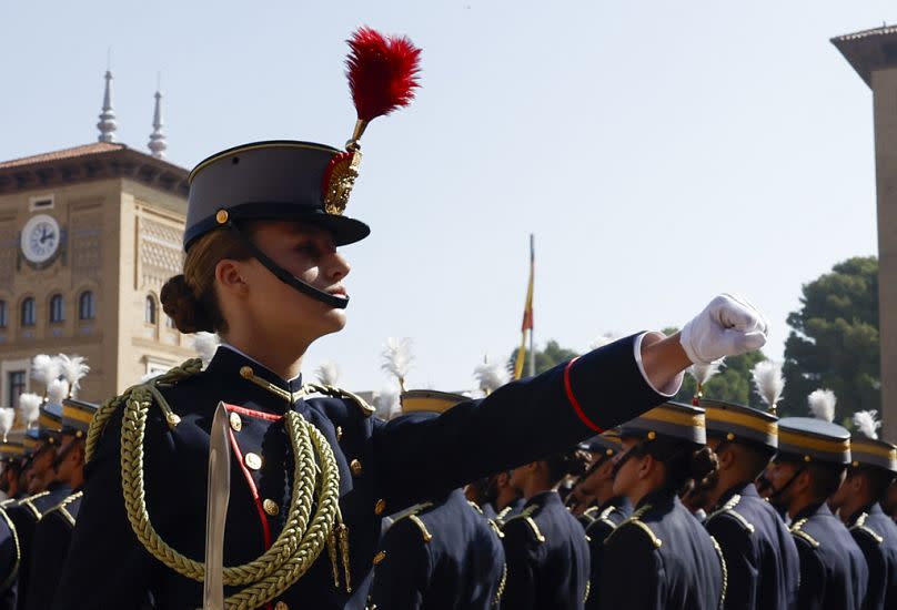 Spain's Princess Leonor, heir to the Spanish throne, takes part in a "jura de bandera' ceremony where she swears of allegiance to the flag.