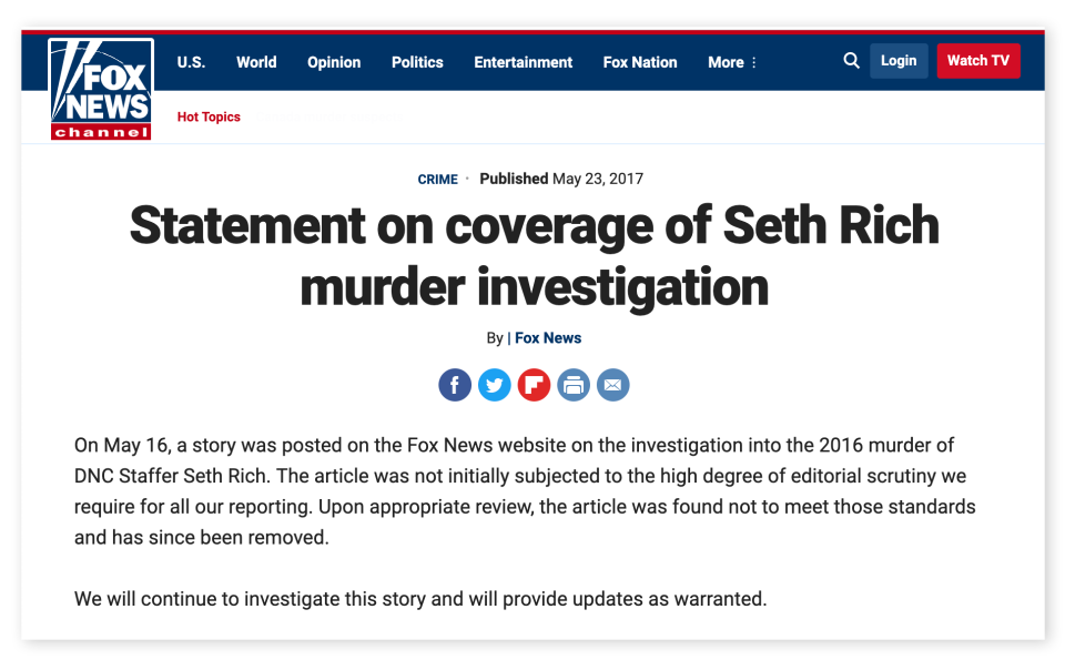 A screengrab of Fox News' retraction for their coverage of the death of Seth Rich.