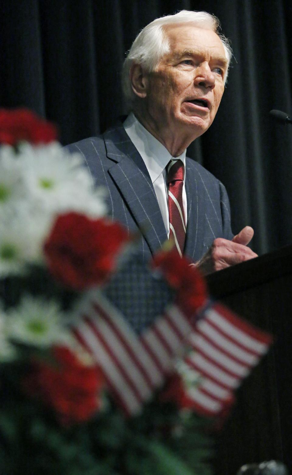 This photo taken Feb. 20, 2014 shows Sen. Thad Cochran, R-Miss. speaking during Pearl's Chamber of Commerce Awards Banquet in Pearl, Miss. Thad Cochran is engaged in his toughest campaign in a generation. The former Appropriations Committee chairman faces a June 3 primary challenge from a two-term state lawmaker. Chris McDaniel riles up tea party voters by denouncing big federal spending and portraying the 76-year-old incumbent as a Washington insider who’s lost touch with folks back home. (AP Photo/Rogelio V. Solis)