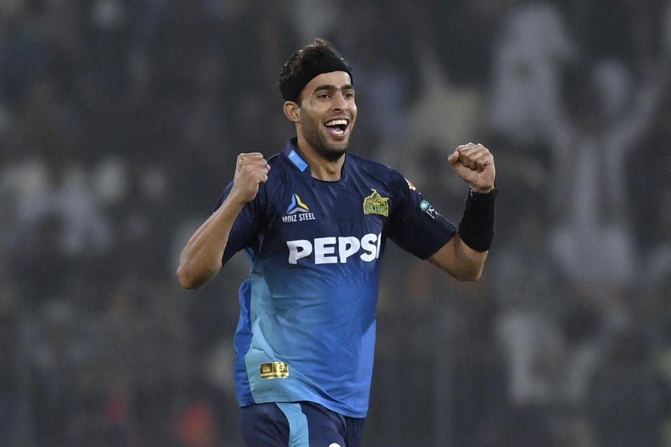 Multan Sultans' Abbas Afridi celebrates after taking the wicket Islamabad United's Salman Ali Agha during the Pakistan Super League T20 cricket match between Multan Sultans and Islamabad United in Multan, Pakistan Tuesday, Feb. 20, 2024. (AP Photo/M. Khan)