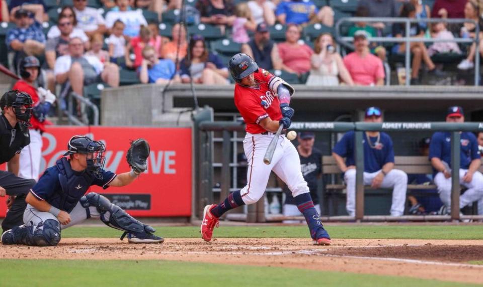 Former Cal Poly star Brooks Lee connects on a pitch in a June game for the Wichita Wind Surge, the Double-A affiliate of the Minnesota Twins.