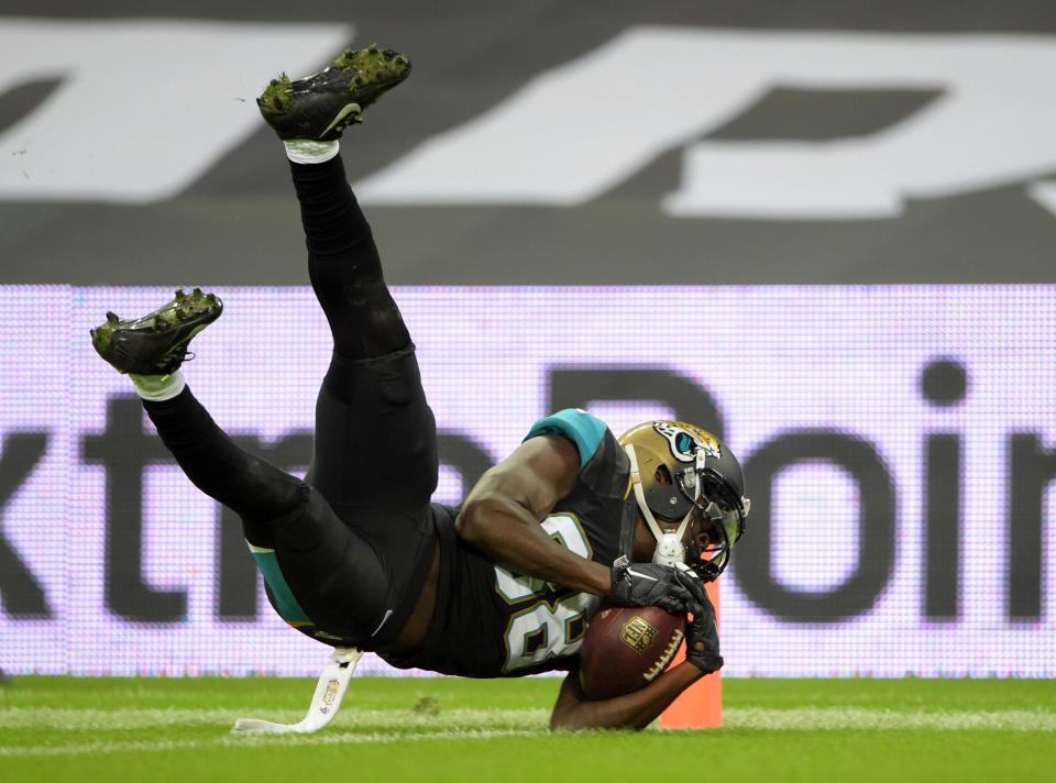 Jacksonville Jaguars receiver Allen Hurns catches a 31-yard touchdown pass against the Buffalo Bills during NFL International Series game in London. The touchdown was the difference as the Jaguars won 34-31.