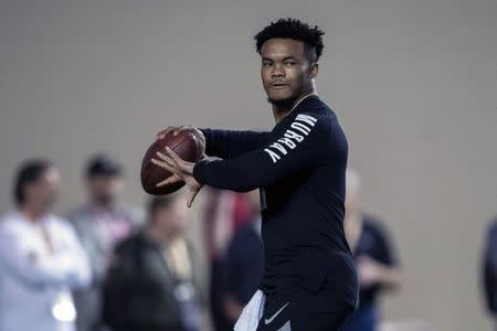 FILE PHOTO: Mar 13, 2019; Norman, OK, USA; Oklahoma quarterback Kyler Murray participates in positional workouts during pro day at the Everest Indoor Training Center at the University of Oklahoma. Mandatory Credit: Jerome Miron-USA TODAY Sports