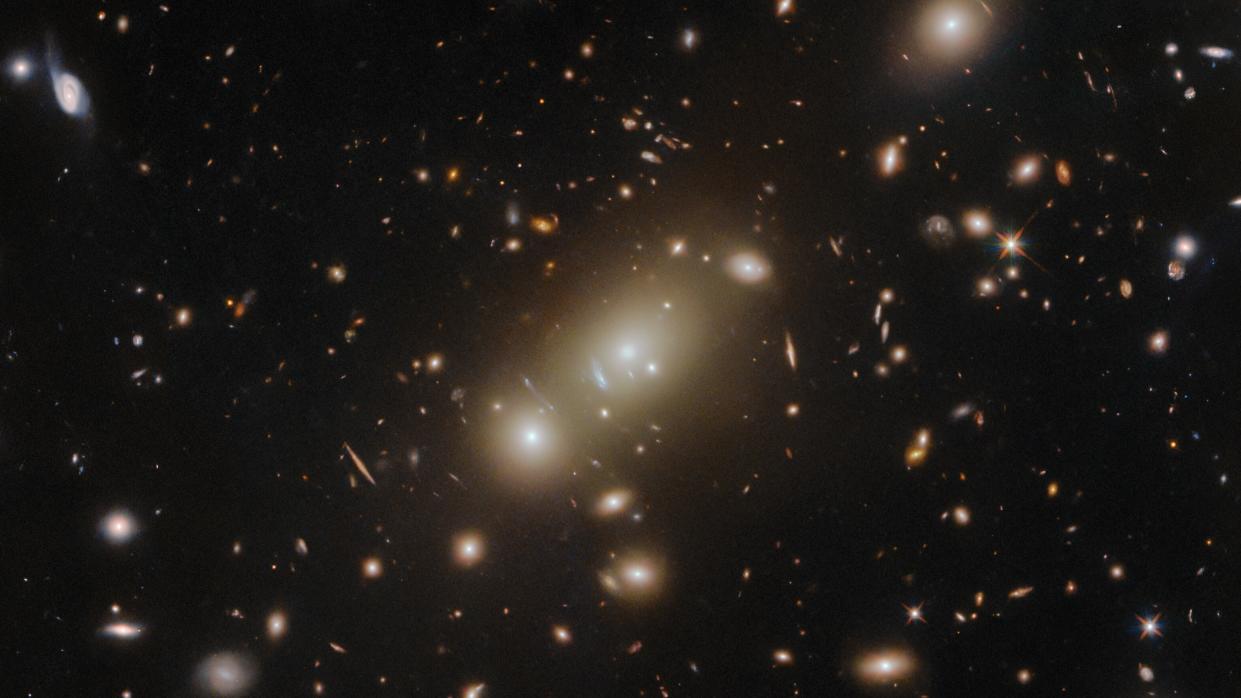  A crowd of oval-shaped elliptical galaxies gather around the largest in the center. They are surrounded by more distant stars and galaxies, that have many shapes and sizes but all are smaller, on a dark background. 