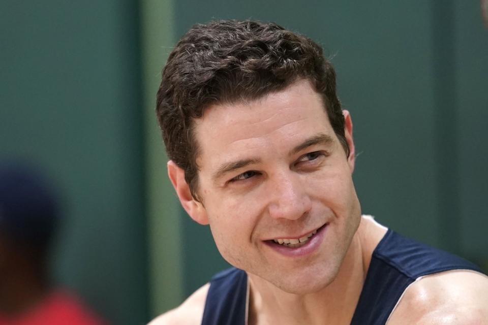 Jimmer Fredette speaks during an interview after practice for the USA Basketball 3x3 national team on Oct. 31, 2022, in Miami Lakes, Fla. | Lynne Sladky, Associated Press