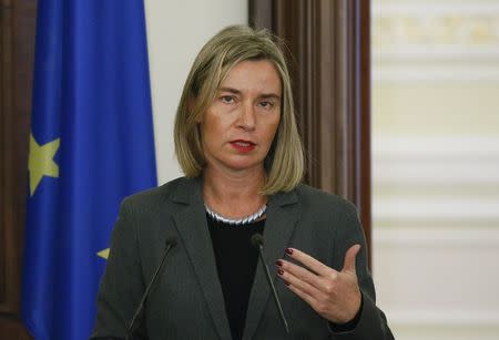 European Union Foreign Policy Chief Federica Mogherini speaks during a news briefing after the talks with Ukrainian President Petro Poroshenko in Kiev, Ukraine March 12, 2018. REUTERS/Valentyn Ogirenko