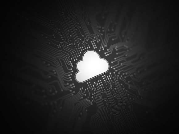 A cloud image surrounded by computer circuitry.