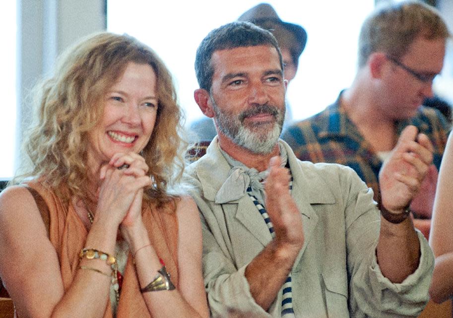 This undated film image released by Fox Searchlight Pictures shows Annette Bening, left, and Antonio Banderas in a scene from "Ruby Sparks." (AP Photo/Fox Searchlight Films, Merrick Morton)