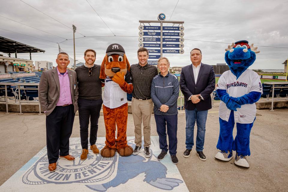 Pensacola Blue Wahoos President Jonathan Griffith (left), Pensacola Mayor D.C. Reeves, Bubba Watson, Pensacola Blue Wahoos Owner Quint Studer, and Executive Vice President of the Sultanes de Monterrey Willie Gonzalez, all pose for a photo after the announcement on Thursday, Nov. 16, 2023, that the two teams will play against each other in April 2024.