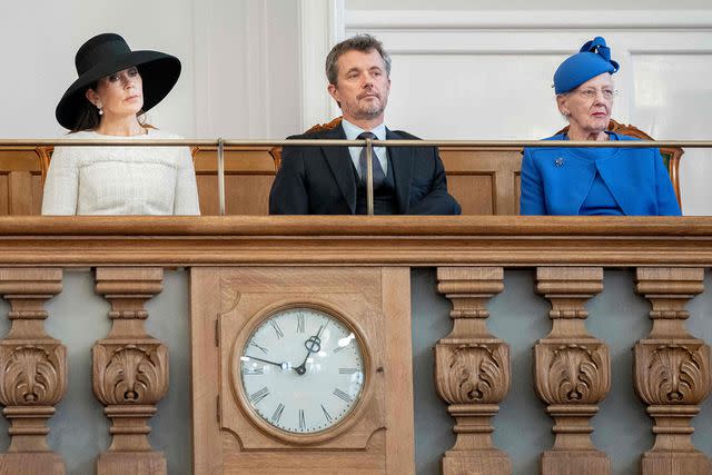 <p>MADS CLAUS RASMUSSEN/Ritzau Scanpix/AFP via Getty</p> Crown Princess Mary, Crown Prince Frederik and Queen Margrethe attend the opening of the Danish Parliament at Christiansborg Palace in Copenhagen on Oct. 3, 2023.