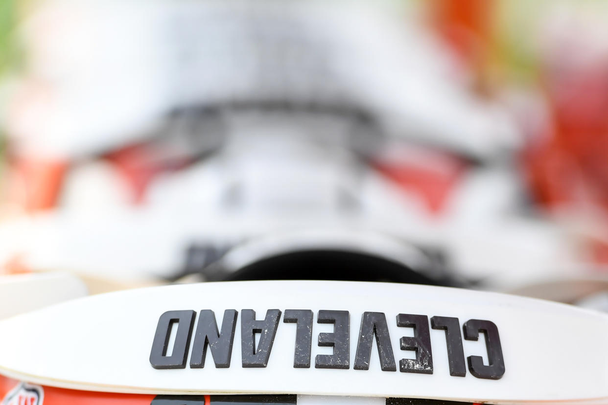 BEREA, OHIO - JUNE 06: A closeup view of a Cleveland Browns helmet after the Cleveland Browns mandatory veteran minicamp at CrossCountry Mortgage Campus on June 6, 2023 in Berea, Ohio. (Photo by Nick Cammett/Diamond Images via Getty Images)