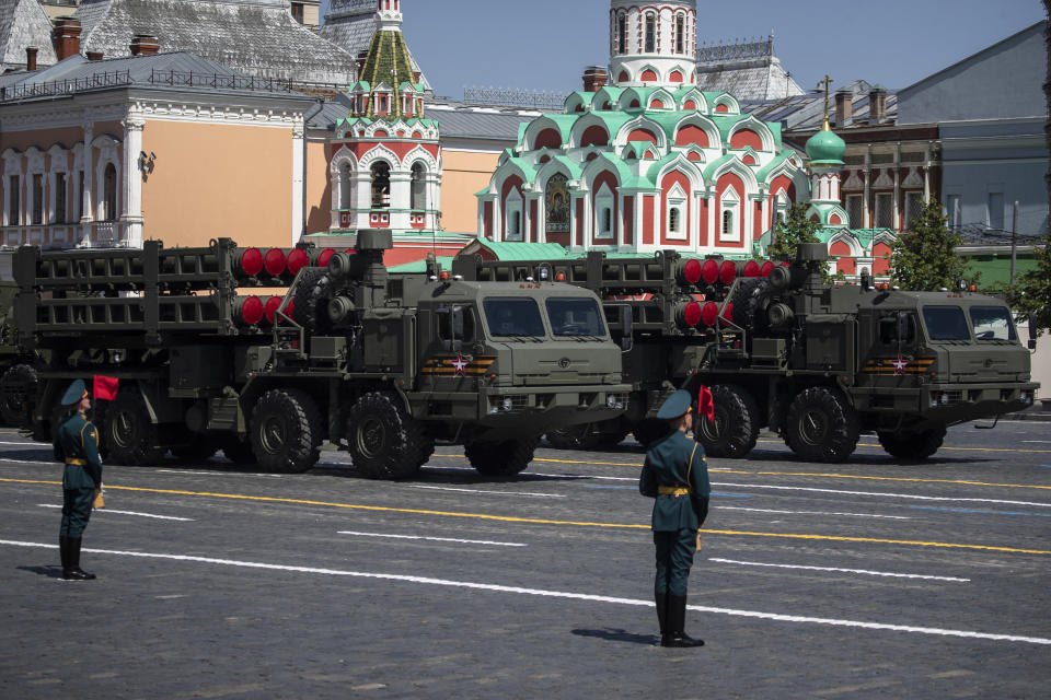 Russian army S-350 Vityaz surface-to-air missile make their way through Red Square during the Victory Day military parade marking the 75th anniversary of the Nazi defeat in WWII, in Moscow, Russia, Wednesday, June 24, 2020. The Victory Day parade normally is held on May 9, the nation's most important secular holiday, but this year it was postponed due to the coronavirus pandemic. (AP Photo/Pavel Golovkin, Pool)