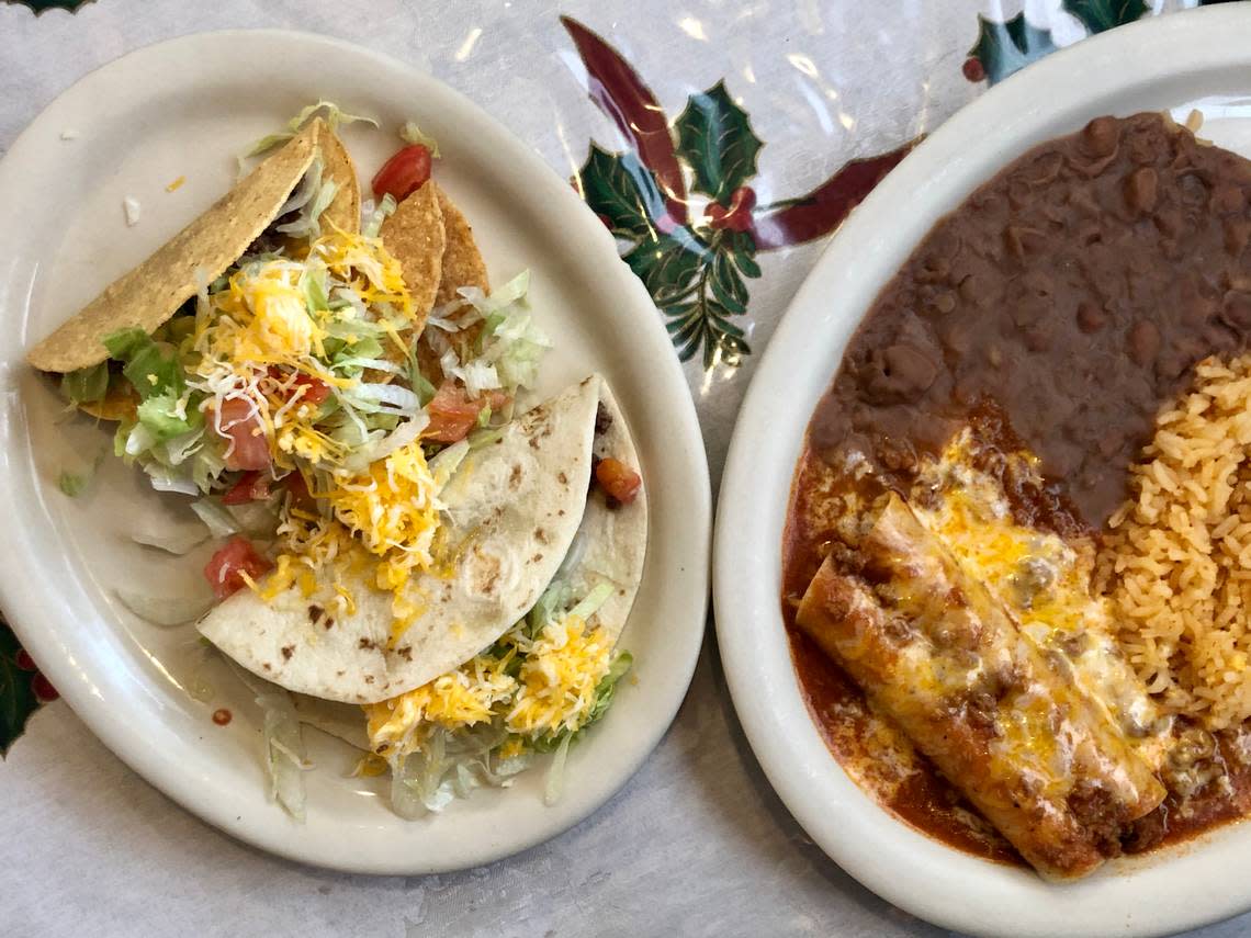 Bigotes offers unlimited enchiladas and tacos for a set price. (Yes, that’s a Christmas tablecloth in midyear.)