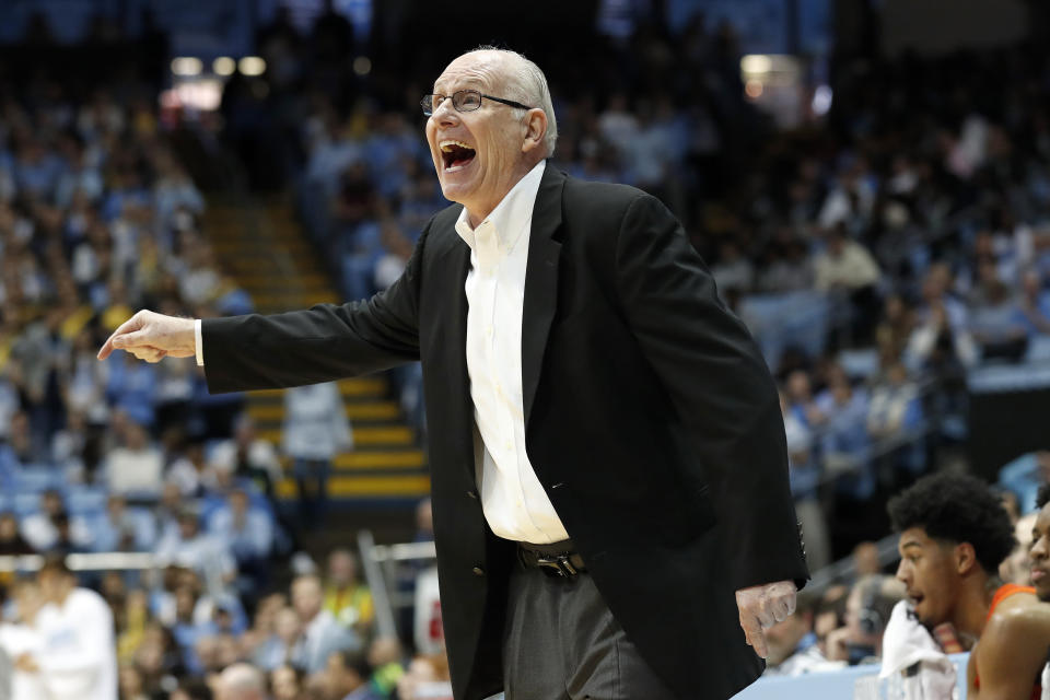 Miami head coach Jim Larranaga directs his players during the first half of an NCAA college basketball game against North Carolina in Chapel Hill, N.C., Saturday, Jan. 25, 2020. (AP Photo/Gerry Broome)