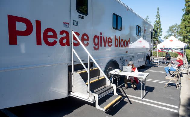 A bloodmobile for the American Red Cross is seen in Fullerton, California, last year.