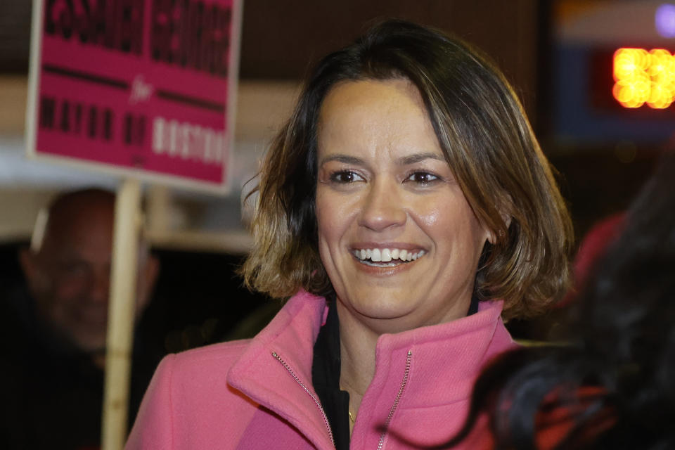 Boston mayoral candidate Annissa Essaibi George smiles as she arrives at a rally ahead of tomorrow's citywide election, Monday, Nov. 1, 2021, in the Hyde Park neighborhood of Boston. (AP Photo/Mary Schwalm)