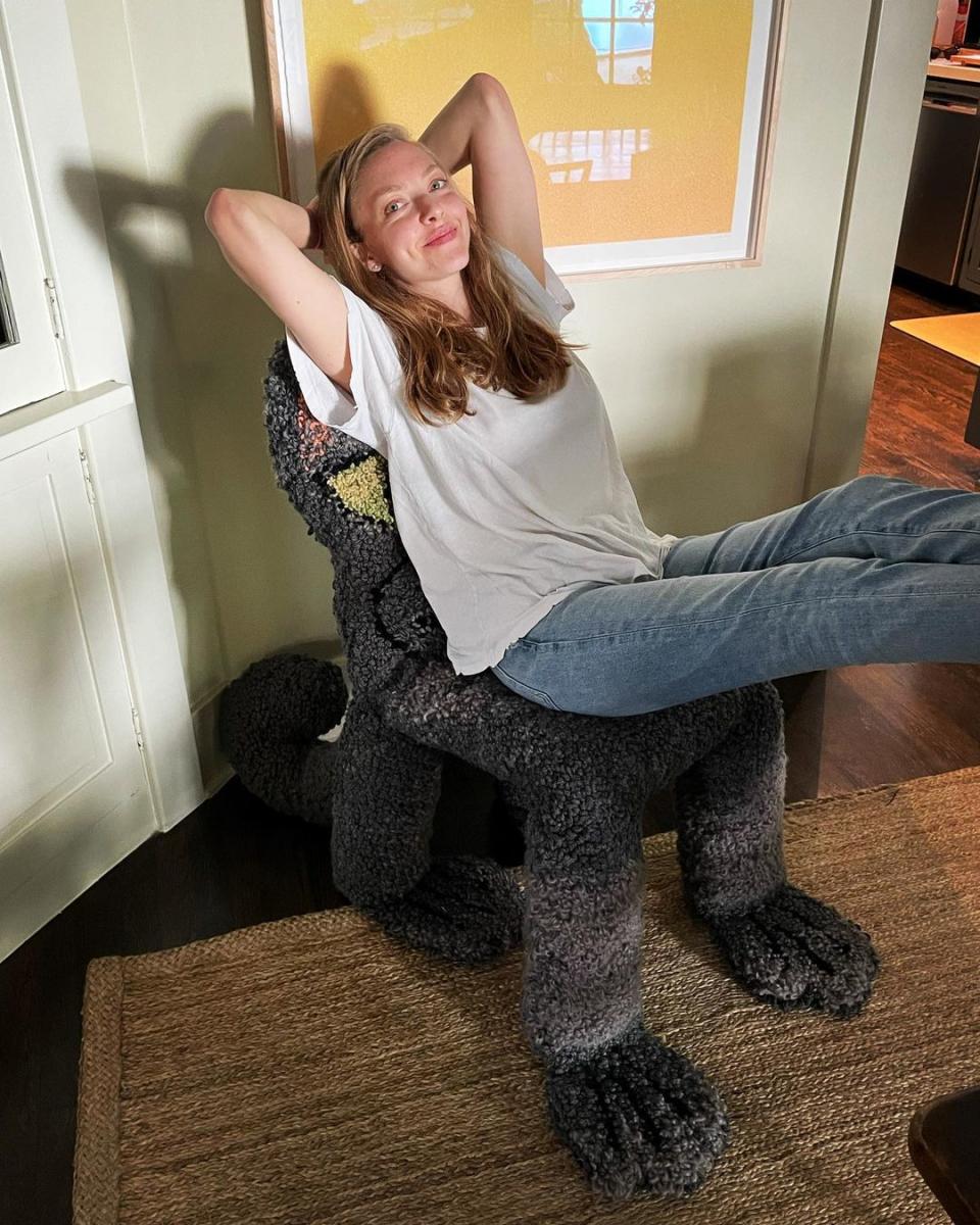 <p>The actress and mom of two relaxed in a fluffy chair (shaped like a cat!) that she had commissioned from London-based textile artist <a href="https://www.instagram.com/selby_hi/" rel="nofollow noopener" target="_blank" data-ylk="slk:Selby HI;elm:context_link;itc:0;sec:content-canvas" class="link ">Selby HI</a>. </p> <p>"Mr. Bitterman has arrived to his final destination again," she captioned <a href="https://www.instagram.com/p/CP1tPfZlQDF/" rel="nofollow noopener" target="_blank" data-ylk="slk:this photo;elm:context_link;itc:0;sec:content-canvas" class="link ">this photo</a> on Instagram. "Thanks @selby_hi! He's very comfortable and happy to be home."</p>