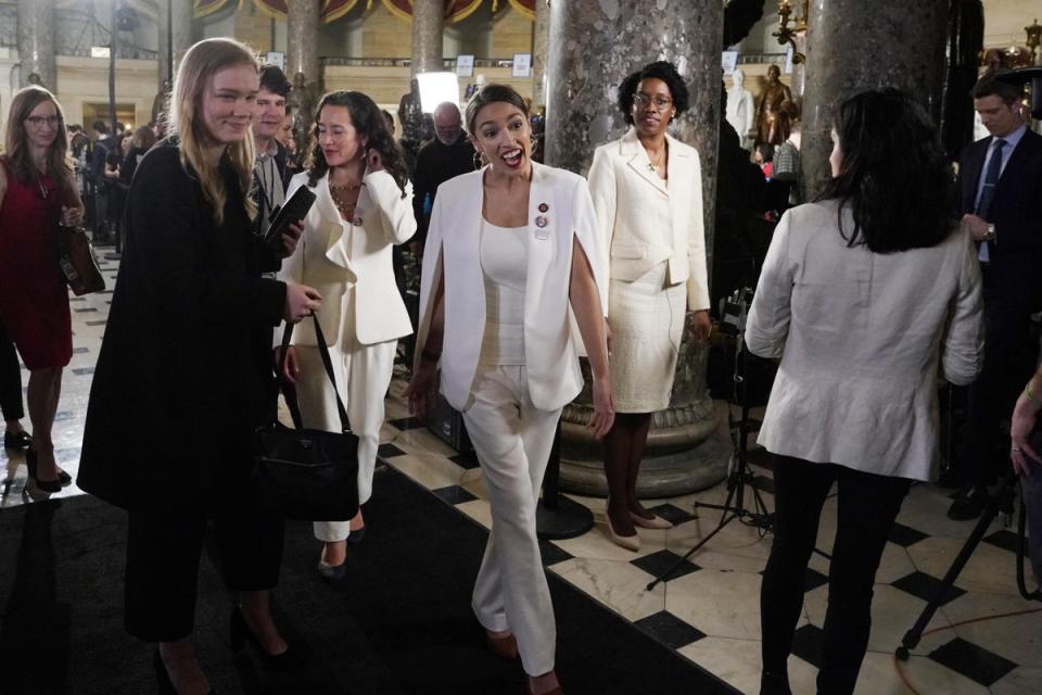 February 5, 2019<br><br>Alexandria Ocasio-Cortez joins other women of the Democratic party in white to give tribute to the women's suffrage movement at the US Capitol in Washington, DC, USA (AP)