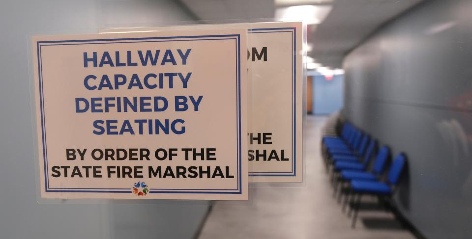 A fire marshal notice is attached Thursday to a doorway leading to the Oklahoma State Board of Education meeting room in Oklahoma City.