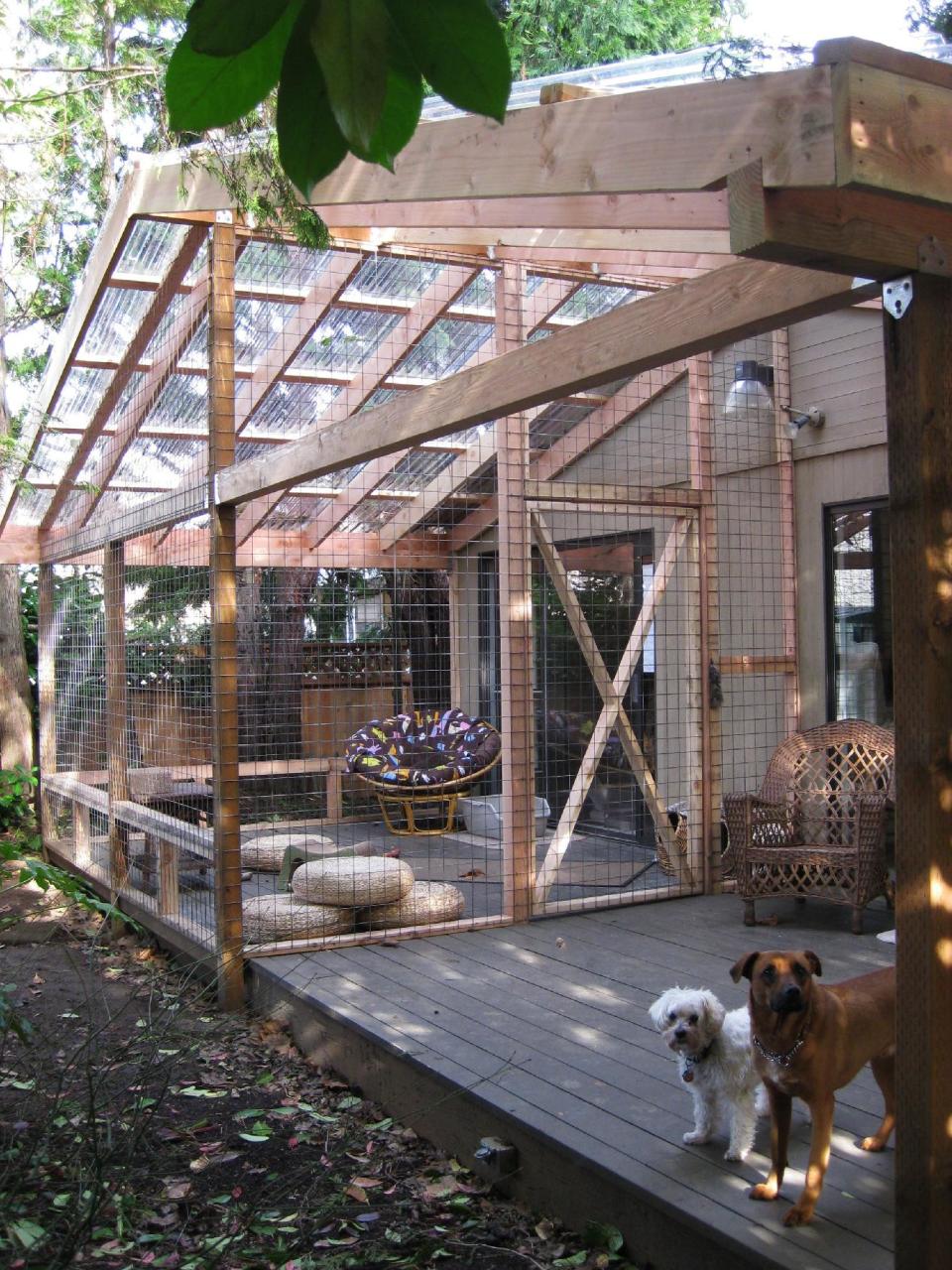 This undated photo provided by Carrie Fagerstrom shows Fagerstrom's catio which cost $5,000 to build at her home, so her eight cats can enjoy the outdoors, but not the harmful elements that come along with it, in Portland, Ore. The playground for the cats has an 11 foot by 14 foot base and is 11 feet high, with mesh wiring on the sides and a clear roof. The room includes scratching posts, a small water fountain and plenty of toys to entertain them. (AP Photo, Carrie Fagerstrom)