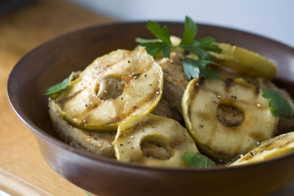 This Sept. 16, 2013 photo taken in Concord, N.H. shows a recipe for grilled maple glazed apple slices.(AP Photo/Matthew Mead)