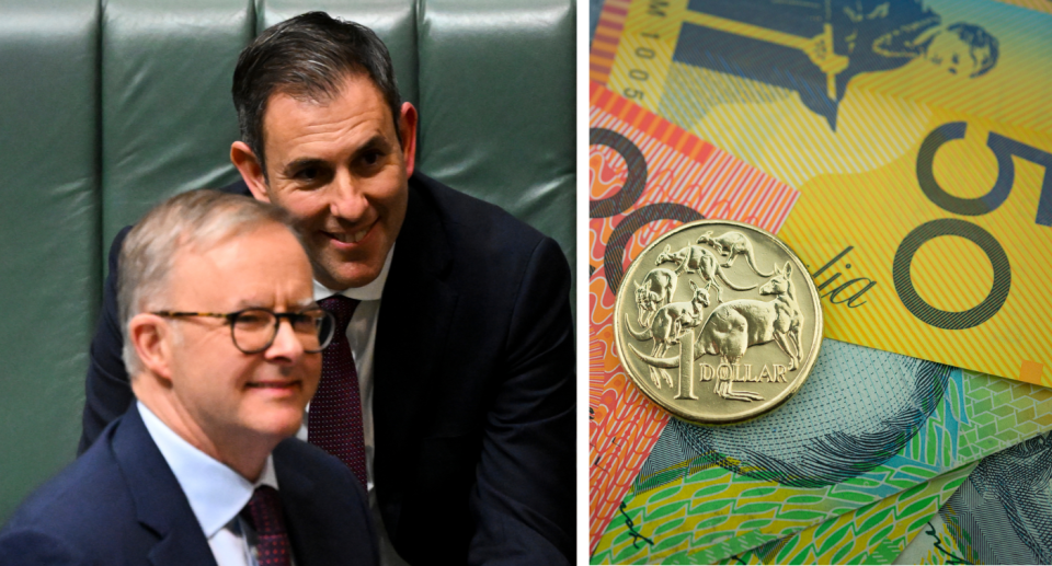 Anthony Albanese and Jim Chalmers and Australian money notes budget.