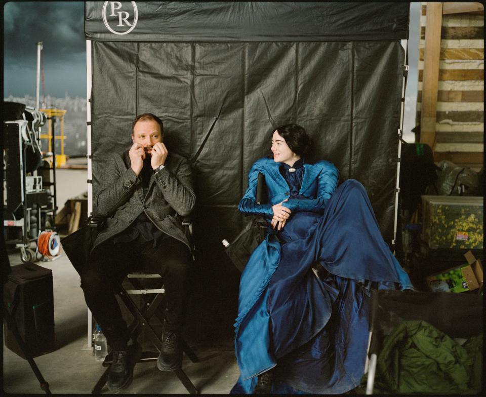 Yorgos Lanthimos, left, and Emma Stone on the set of "Poor Things."