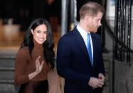 Britain's Prince Harry and his wife Meghan, Duchess of Sussex, leave Canada House in London