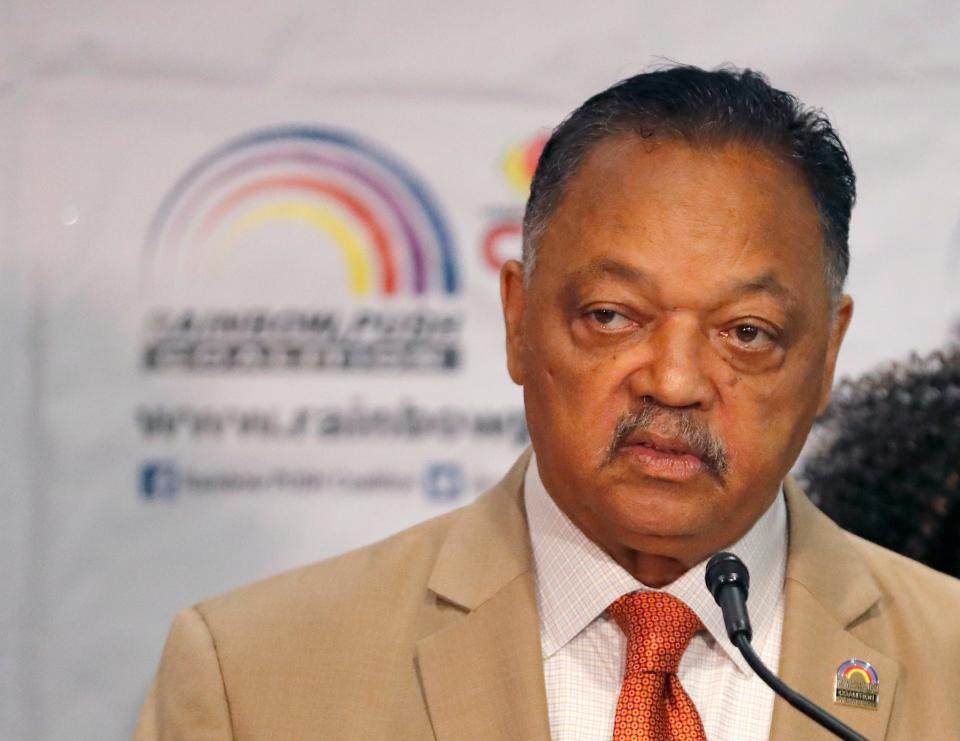 Rev. Jesse Jackson addresses reporters at the start of the Rainbow PUSH Coalition Annual International Convention Friday, June 28, 2019, in Chicago. Former vice president Joe Biden, the day after a rocky debate performance, addressed the five-day convention.