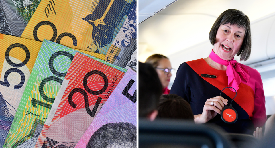 Composite image of money and flight attendant. In-demand jobs concept.