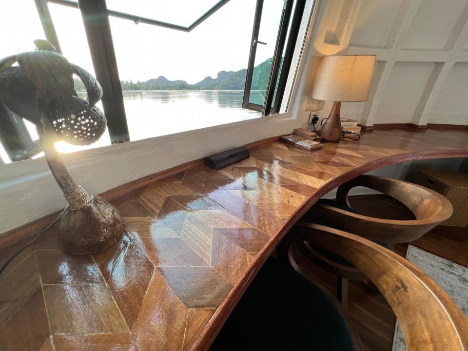 The completed desk area in the floating coconut house.