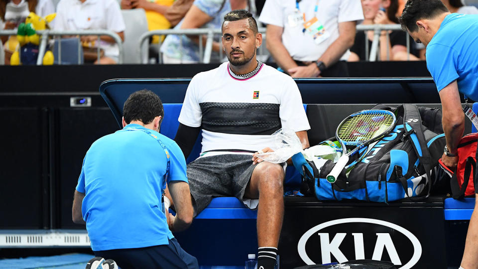 Kyrgios had treatment on his injury in the first set. Pic: Getty