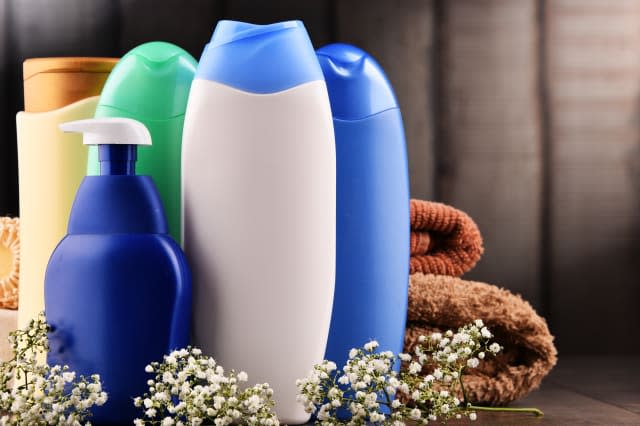 Plastic bottles of body care and beauty products