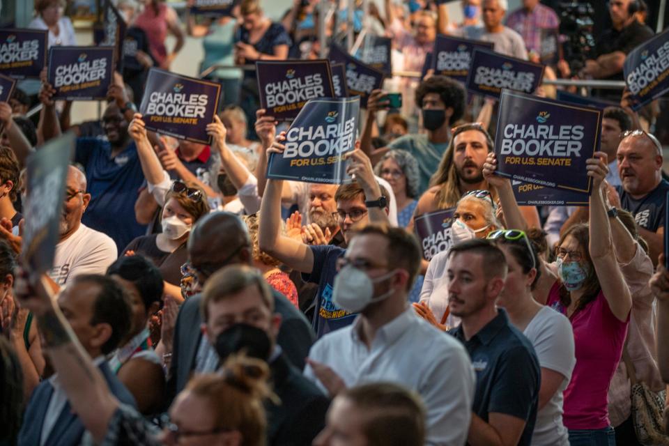 Charles Booker supporters react to Democratic National Committee Chairman Jaime Harrison during a rally in west Louisville. Aug. 23, 2022