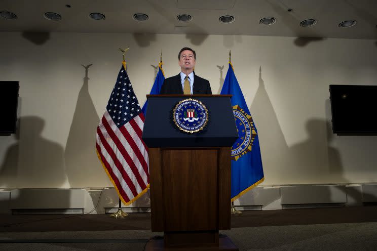 FBI Director James Comey makes a statement at FBI Headquarters in Washington on July 5, 2016. Comey said the FBI will not recommend criminal charges in its investigation into Hillary Clinton's use of a private email server while secretary of state. (AP Photo/Cliff Owen)